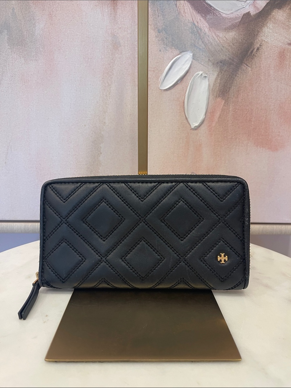 Tory Burch Black Quilted Zip Wallet with Gold Logo
